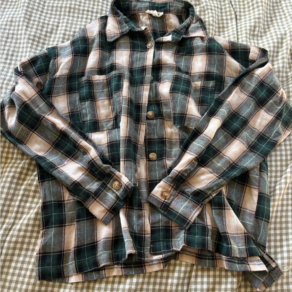Green and Cream Plaid Button-Up Shirt